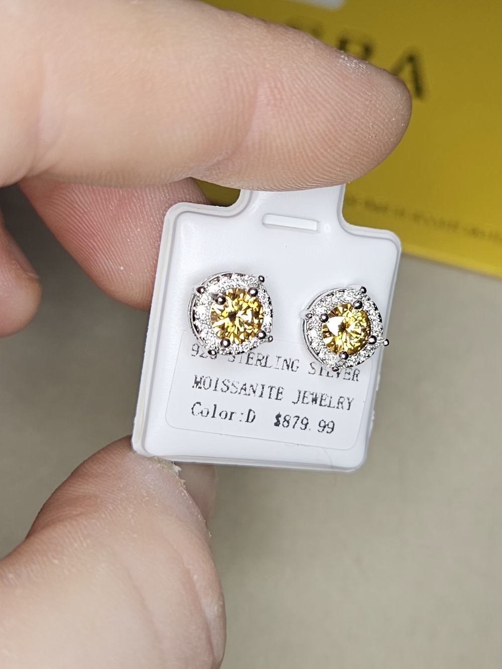 Sterling Silver Yellow Moissanite Halo Screw Back Stud Earrings - Picture 5 of 6